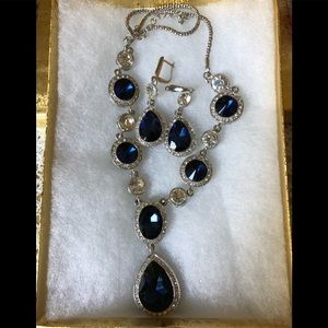 Silver Sapphire Necklace Earrings Set